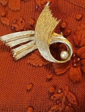 Vintage 1960s Monet Sweater Brooch, Faux Pearl Accent